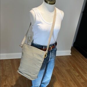 Americana by Sharif gold leather and fabric crossbody 1990’s bucket  bag